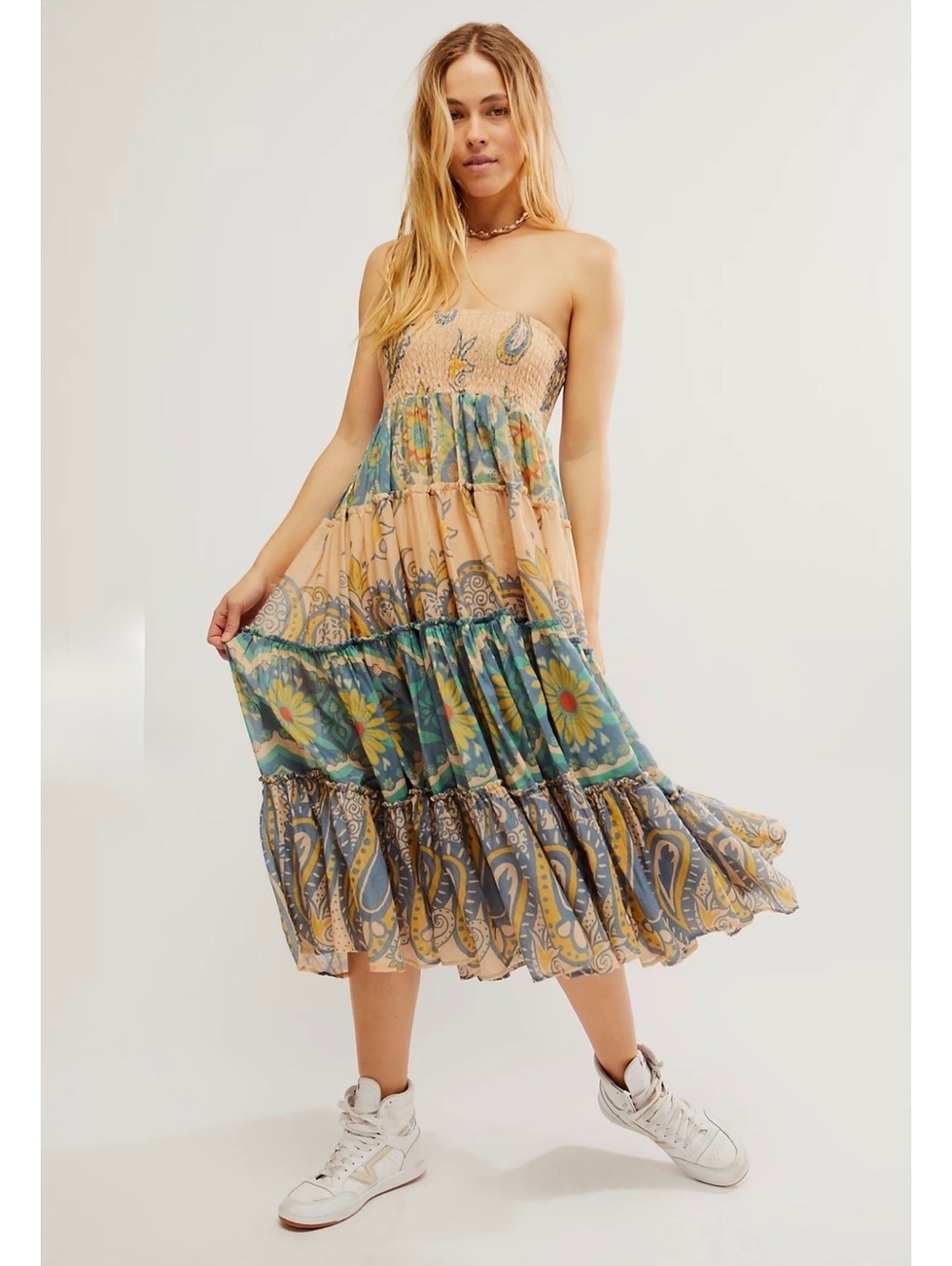 NWOT Free People Super Thrills Convertible Maxi Skirt Blue Sky Combo size XS